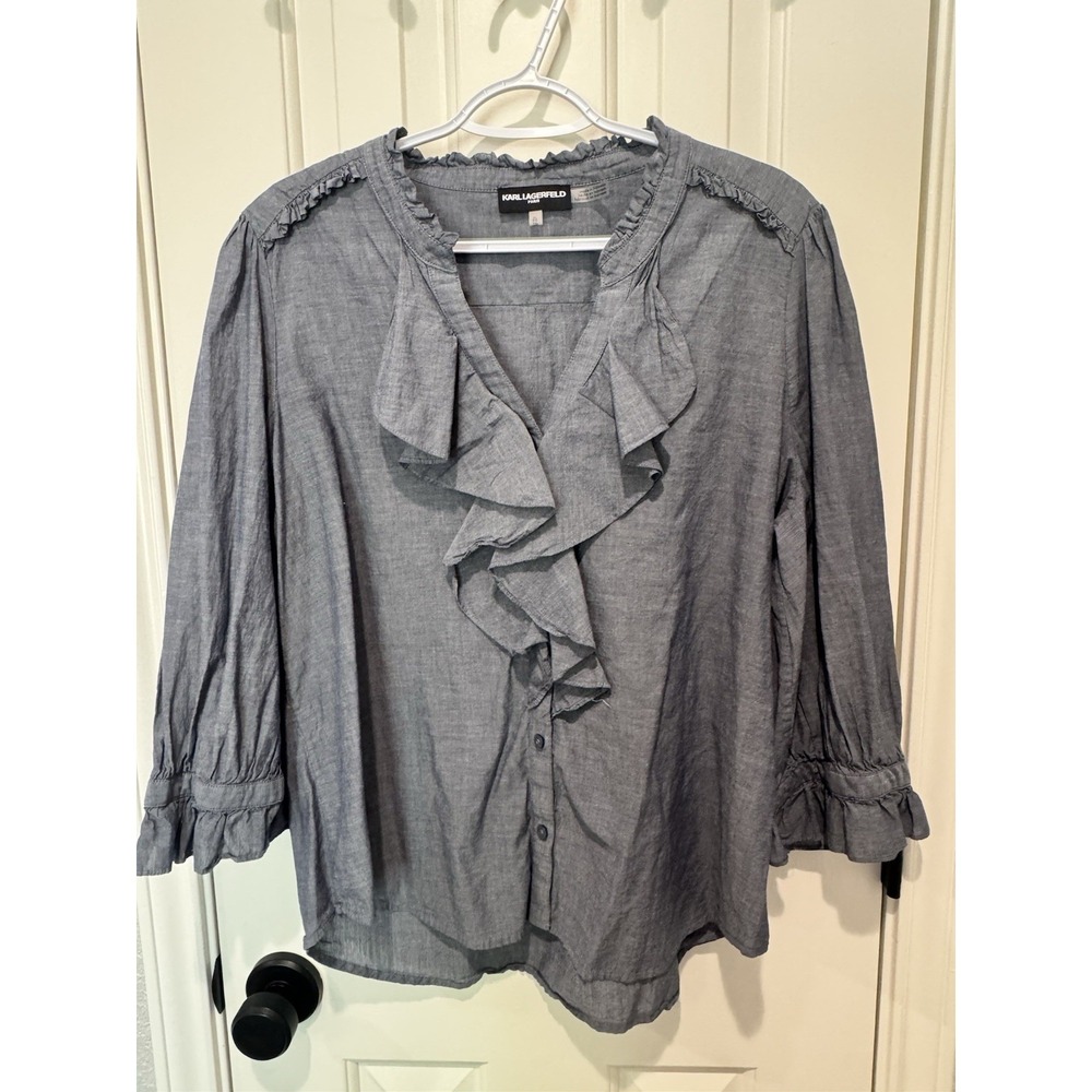 Karl Lagerfield Chambray Cotton Blue Gray Pirate Top Ruffled Boho Cottage XL